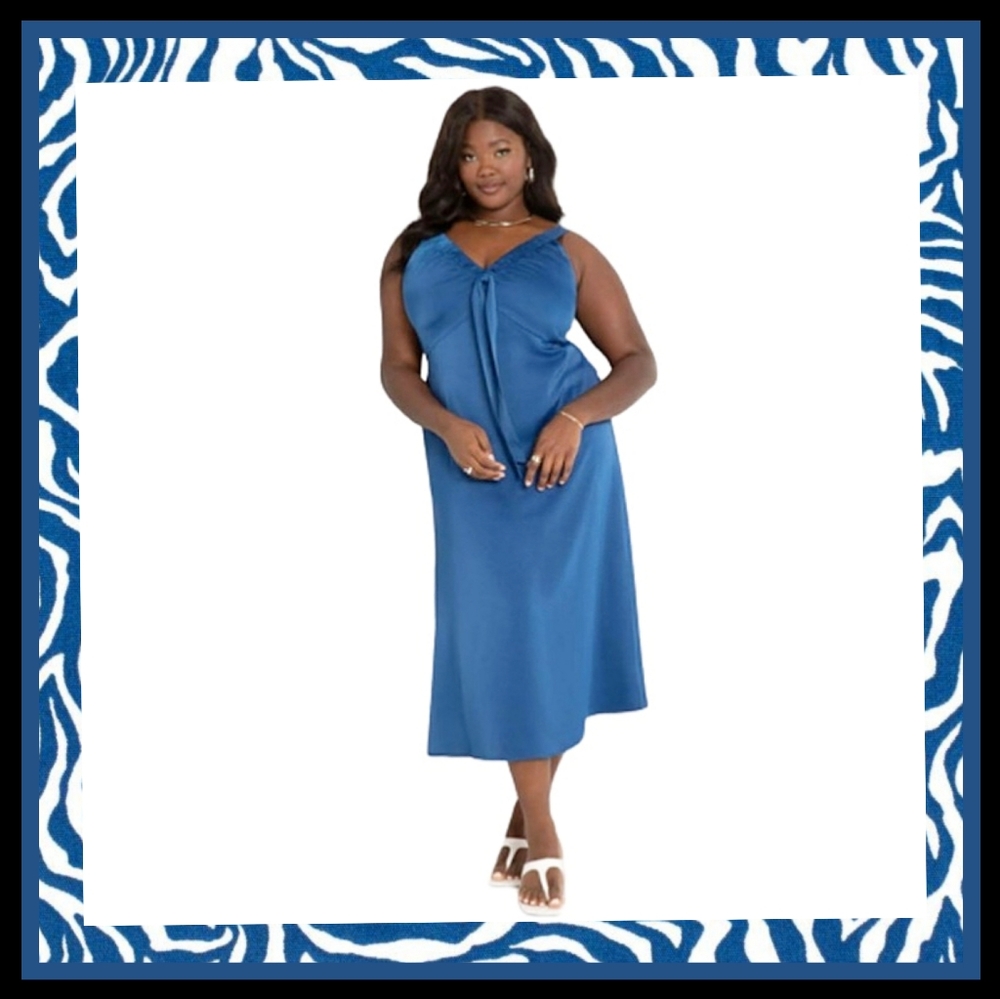 ROYAL BLUE ☆ TIE BUST ☆ SILKY ☆ CREPE SATIN MIDI DRESS ☆ NWT
